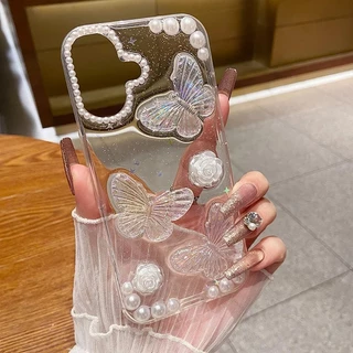 Glitter โปร่งใสเลเซอร์ผีเสื้อดอกไม้ไข่มุกสําหรับ IPhone 17 Pro Max Air 16 15 14 13 12 Pro Max อีพ็อกซี่ซิลิโคนกันกระแทกปกหลัง
