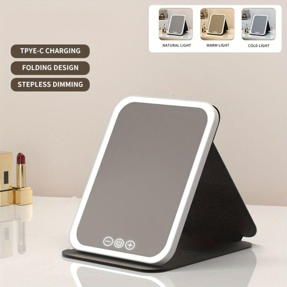 Keepin Travel กระจกแต่งหน้า,พับ 3 โหมดแสงสี LED กระจกตั้งโต๊ะ,USB ชาร์จ PU หนังหรี่แสงได้แบบพกพาหน้าจอสัมผัสกระจกโต๊ะเครื่องแป้ง Lady ของขวัญ
