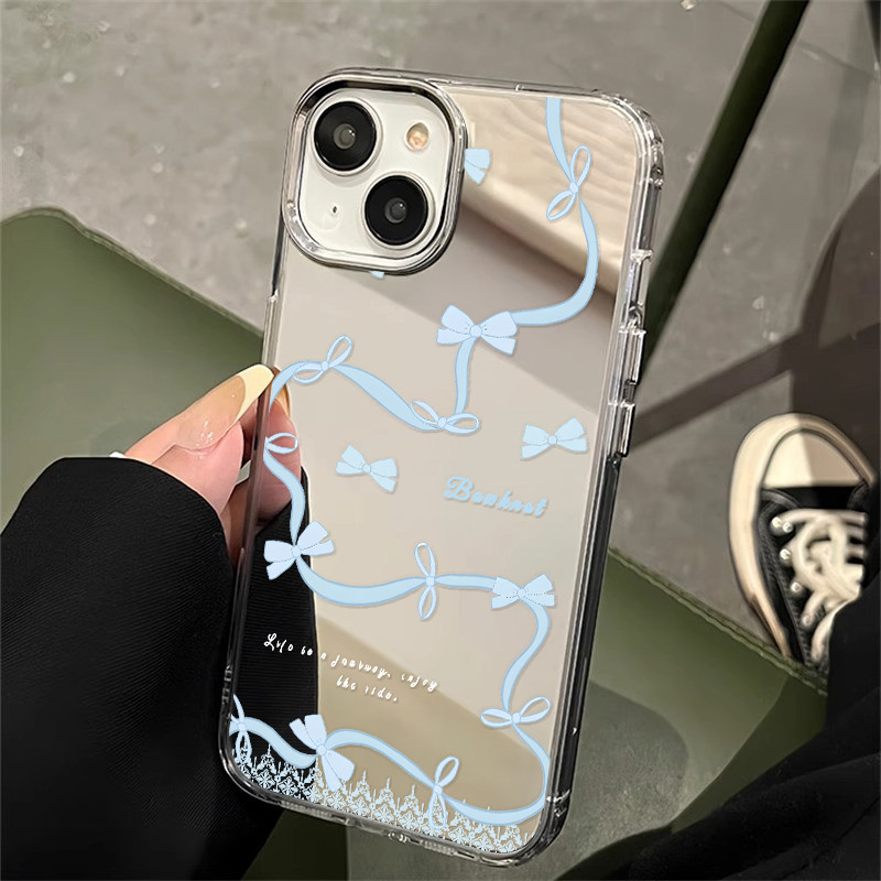 เชือกผีเสื้อสีฟ้า เคสโทรศัพท์กระจกเงา For iphone 11 12 13 14 15 16 Pro MAX 14 15P XR XSMAX 7Plus เคสป้องกันกระจกแต่งหน้า
