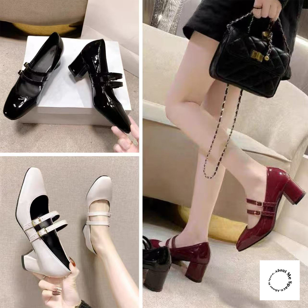 รองเท้าคัชชูสีแดงทรงหัวเหลี่ยม สไตล์เกาหลี