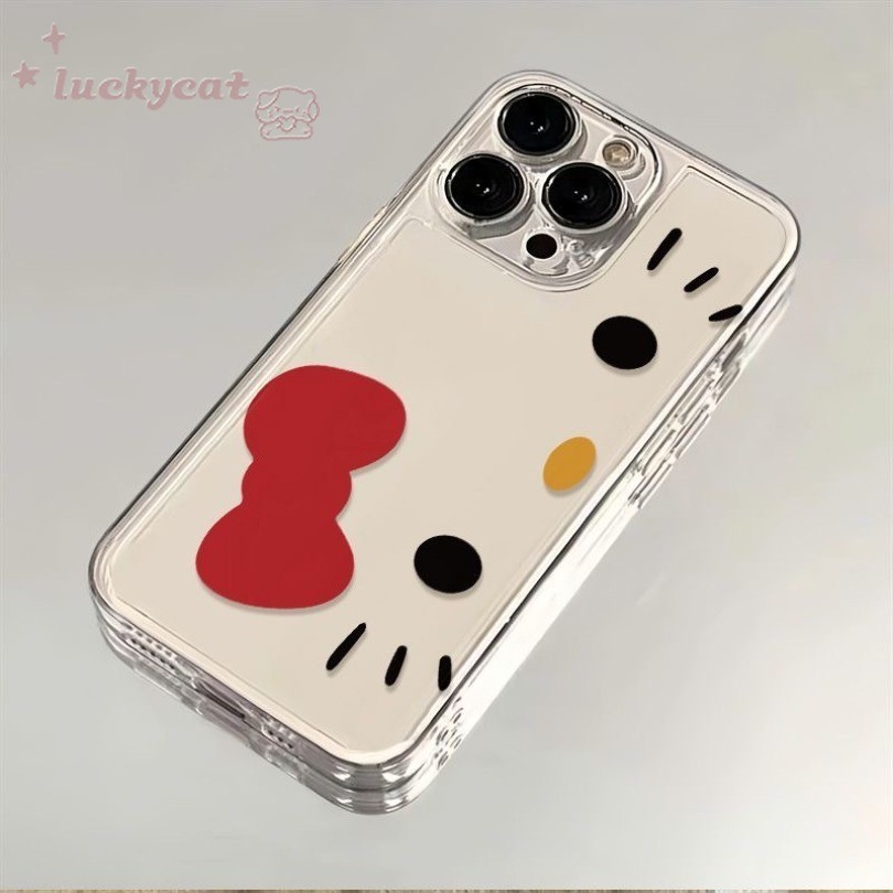 เข้ากันได้กับ iPhone 16 15 14 13 12 11 Pro Max X XR XS Max 7 8 Plus SE2020 เคสโทรศัพท์ Ins Big Red Bow KT Cat Clear Soft ฝาหลัง