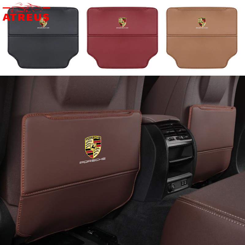 1ชิ้น Porsche แผ่นเตะเบาะรถยนต์ เบาะหลังเตะ แผ่นหนัง PU ป้องกันการเตะ แผ่นป้องกัน พร้อมถุงเก็บของ สำหรับ Porsche Cayenne 911 992 718 Macan Panamera Taycan