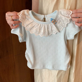 ฤดูร้อน เสื้อยืดแขนสั้นสำหรับเด็กผู้หญิง ตัดแต่งลูกไม้ สีฟ้า…