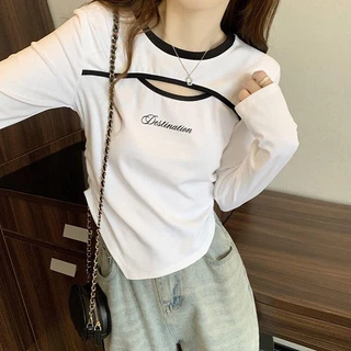 เสื้อยืดโอเวอร์ไซส์ (40-150 กก.) เสื้อแขนยาวทรงกลวงสไตล์เกาหลี เสื้อยืดพลัสไซส์ พิมพ์ลายสายรัด ทรงสลิมฟิต เสื้อยืด