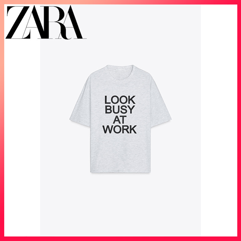 ZARA ซาร่า 25 ฤดูร้อนสินค้าใหม่เสื้อผ้าสตรีการพิมพ์ที่เรียบง่ายขนาดใหญ่สบายแขนสั้นคอกลมเสื้อยืด