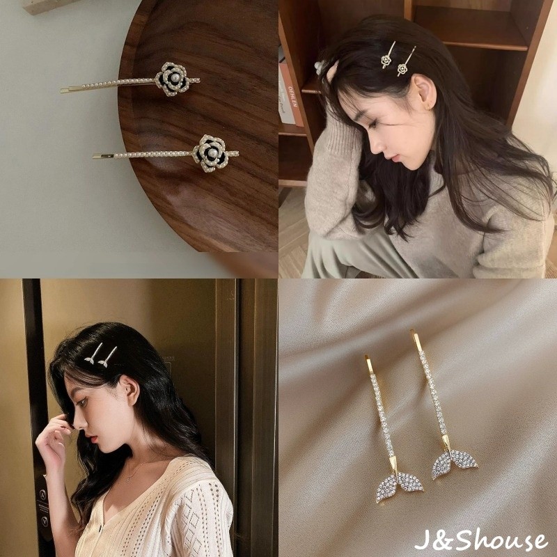 KF1031 2PCS เกาหลีเรียบง่ายดอกไม้มุกและ rhinestone หางนางเงือก I รูปทรงเรียบกิ๊บติดผมกิ๊บติดผมเครื่องประดับผม
