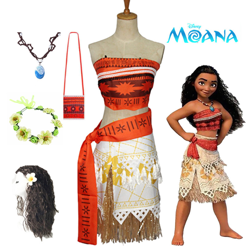Disney Princess Moana คอสเพลย์เครื่องแต่งกาย Moana เครื่องแต่งกายชุดสร้อยคอ headwear วิกผมกระเป๋าชุดฮาโลวีน Carnival เครื่องแต่งกายสําหรับผู้หญิง