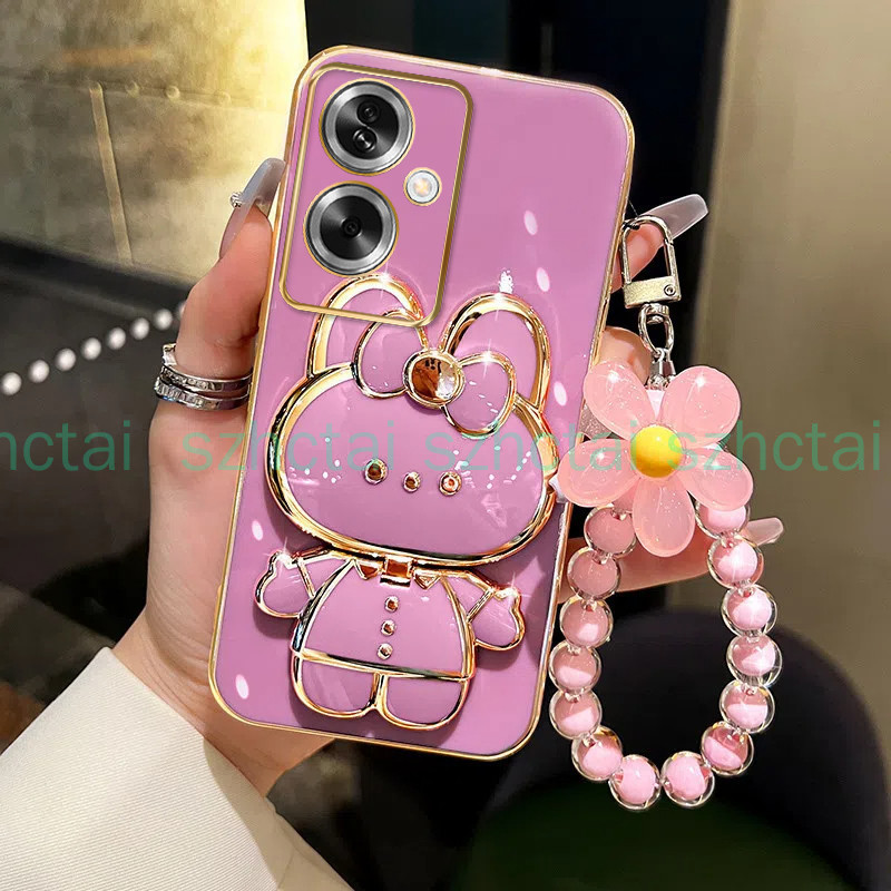 ปลอก OPPO A79 A18 A38 A58 A78 A98 เคสโทรศัพท์ TPU 3D กระต่ายเครื่องสําอางกระจกแต่งหน้าขาตั้ง Ultra Thin Electroplated Soft Case Shock Protection Case พร้อมสร้อยข้อมือ