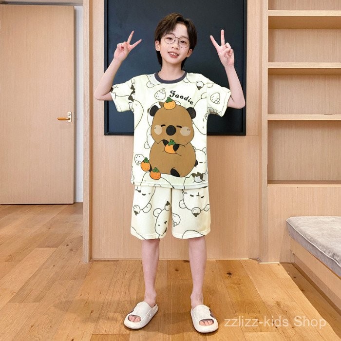 ชุดนอนเด็กชายฤดูร้อนผ้าไหมน้ำแข็งบางสำหรับเด็กใหญ่ ชุดนอนการ์ตูนสำหรับเด็กชาย