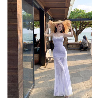 เดรสหางปลาสีม่วง สายเดี่ยวปรับสายได้ อกแต่งลูกไม้ มีซับในครึ่งตัว กระโปรงทรงหางปลา ผ้าตาข่าย #8128