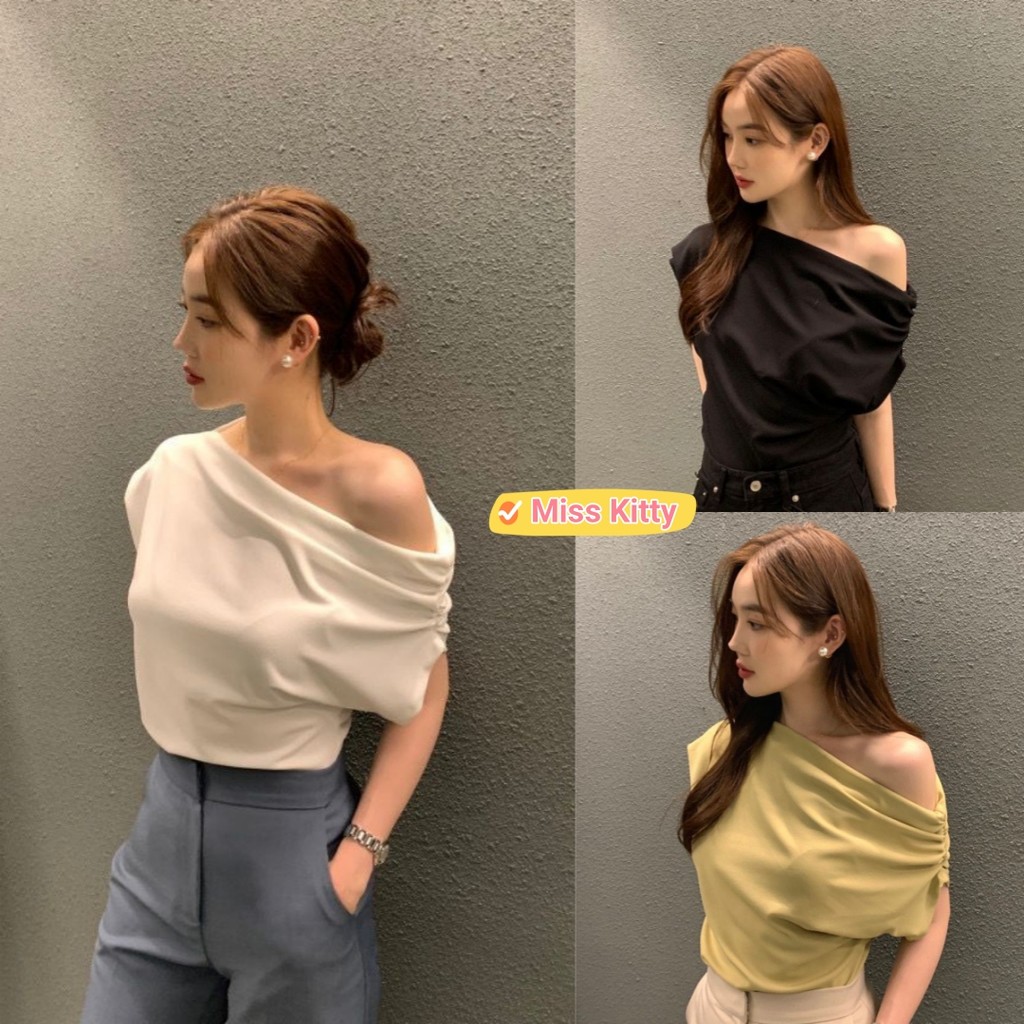 🎀Miss Kitty❤️พร้อมส่ง คอปกแนวทแยง เสื้อครอป เปิด ไหล่ แขนสั้น สไตล์เกาหลี เลดี้  ป่า เสื้อยืดจีบ "FY