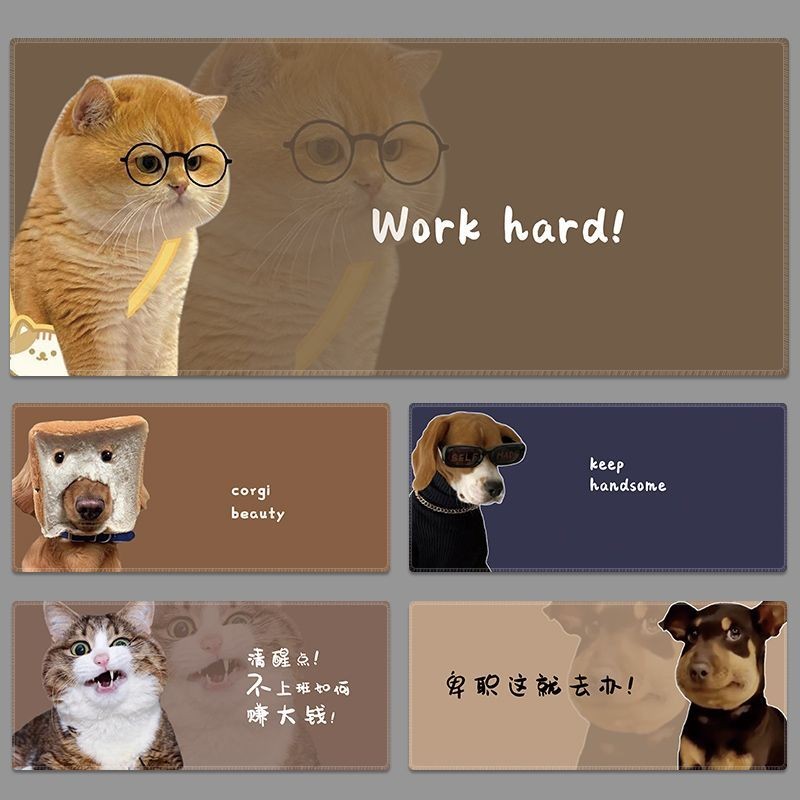 แผ่นรองเมาส์เกมมิ่ง XL 80x30cm / XXL 90x40cm ลายสุนัขแมวฮากตัวตลก Work Hard กันลื่น กันน้ำ ขอบเย็บแน่น สำหรับเกมเมอร์ PC Laptop | Gaming Mouse Pad XL/XXL Desk Mat Anti-Slip Waterproof