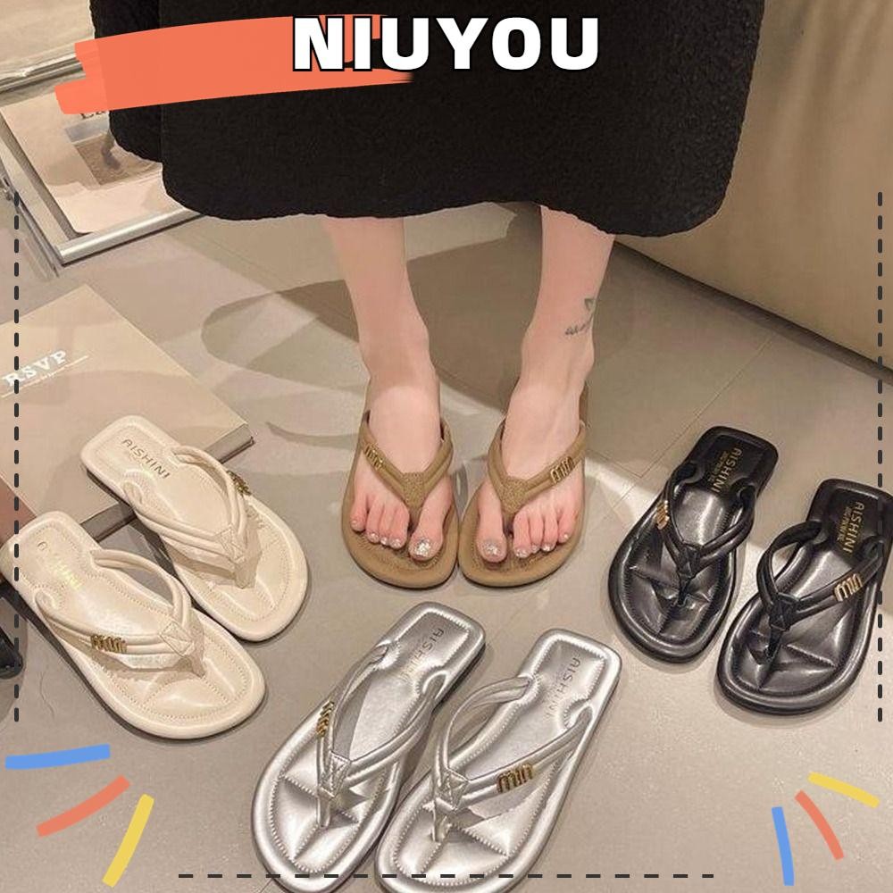 Niuyou รองเท้าแตะรองเท้าแตะผู้หญิงตัวอักษรเรียบง่ายสไตล์เกาหลีรองเท้าแตะส้นแบนกันลื่น
