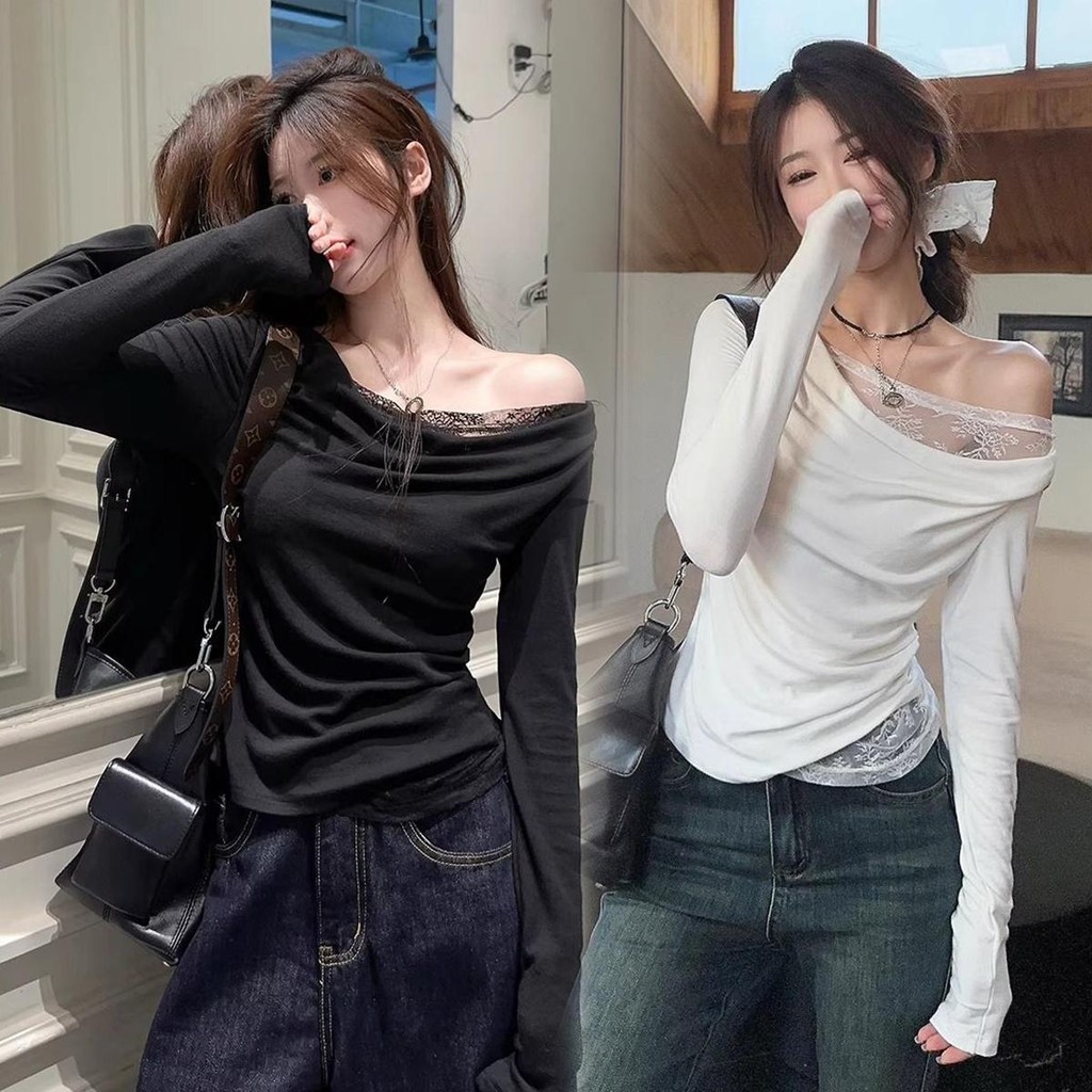 mimi&didi#เสื้อลูกไม้เปิดไหล่ แขนยาว เสื้อยืดทรงเข้ารูป  สวยหรูและเซ็กซี่มาก แฟชั่น สำหรับผู้หญิง#Y0321