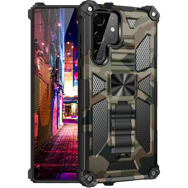 SAMSUNG เกราะกันกระแทกCamouflageในตัวKickstandเคสโทรศัพท์สําหรับSamsung S25 Ultra S24 S23 S22 Ultra Plus Note20 Ultra Note 10 Proผู้ถือแม่เหล็กที่ทนทานHardปกหลัง