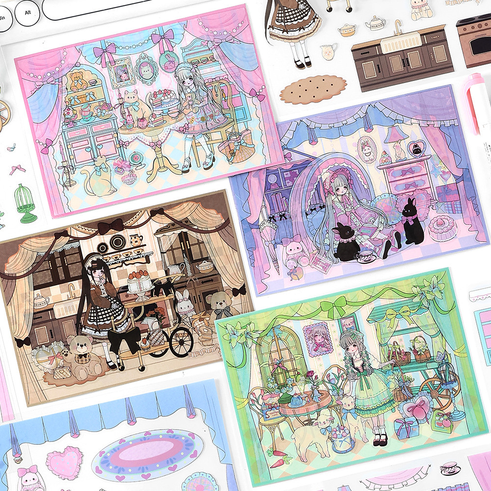 (3 ชิ้น/แพ็ค) Girl Room Series สติ๊กเกอร์ภูมิทัศน์น่ารักการ์ตูน DIY ฉากภาพ 3D Collage