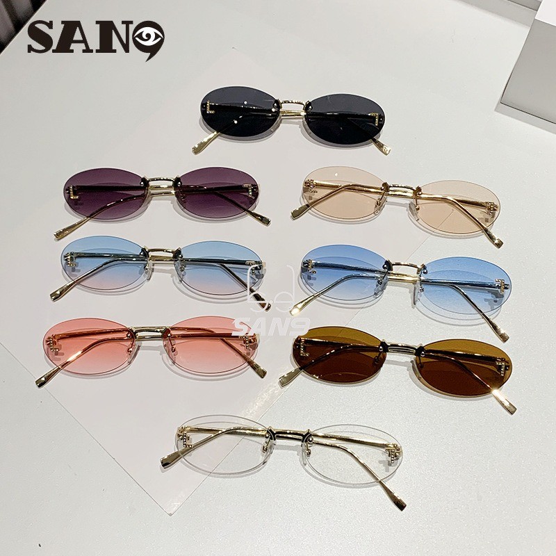 สินค้าพร้อมCOD (San9) Lletter แว่นกันแดดทรงรีโลหะไร้กรอบวินเทจแว่นกันแดดกรอบเล็กสําหรับผู้ชายและผู้หญิง