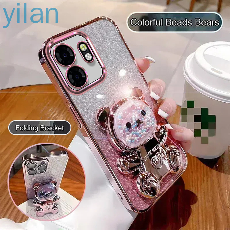 เคสโทรศัพท์สําหรับ Infinix Smart 9 X6532 ร้อน 50i แฟชั่น Glitter Electroplating โปร่งใสกรณีเชลล์บรรเทาความเครียดที่มีสีสันลูกปัดหมีวงเล็บพับ