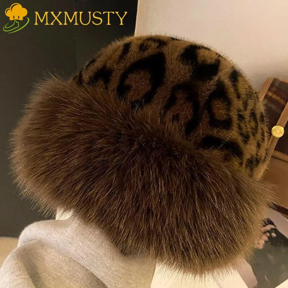 Mxmusty เสือดาวพิมพ์ตุ๊กตามองโกเลียหมวก,ข้นสไตล์เกาหลีปุยสกีอบอุ่นหมวก,แฟชั่น อิน ขนมิงค์หมวกอบอุ่น ไม่มีปีก ตุ๊กตาถังหมวกกลางแจ้