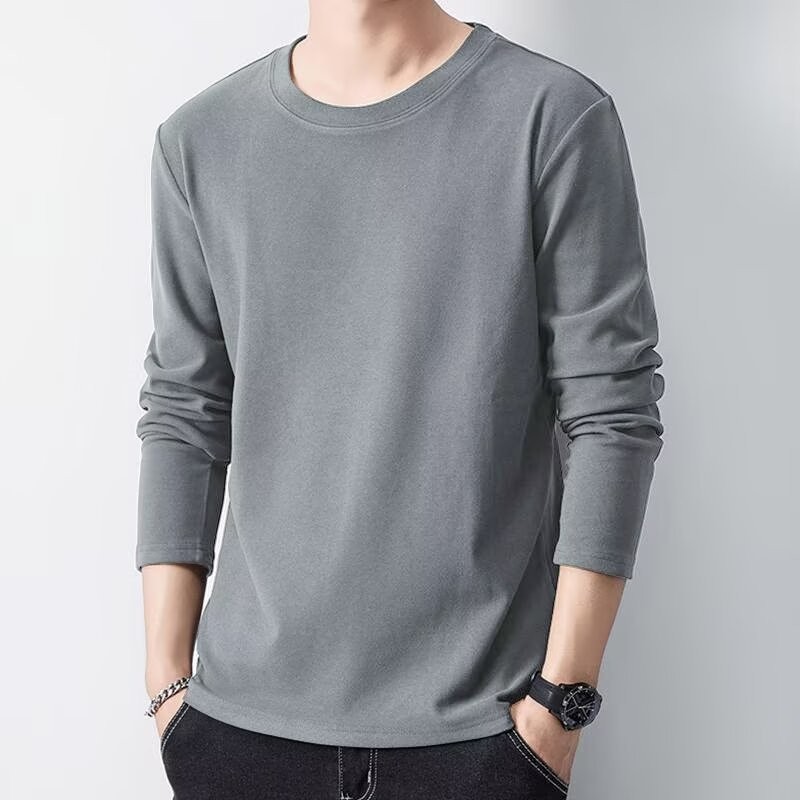 เสื้อยืดแขนยาวสีขาวลําลองอินเทรนด์สีทึบหลวมคอลูกเรือเสื้อ จุดต่ําสุด