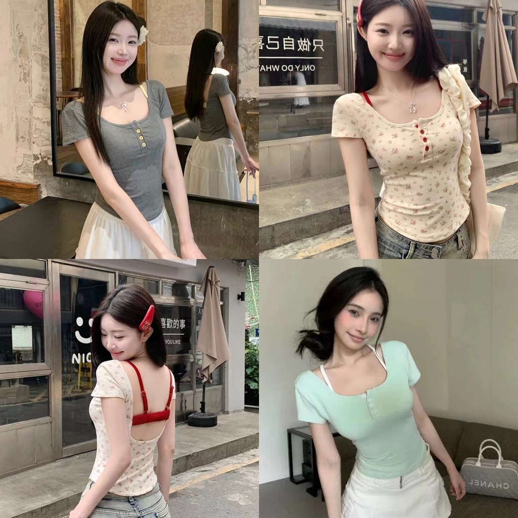 Bonnie เสื้อยืดแขนสั้น มีฟองน้ำในตัว เสื้อลายดอก ใส่สบาย สองชิ้นปลอมผู้หญิงออกแบบ สไตล์เกาหลี ส่งไวจากไทย#FY6620-1-S