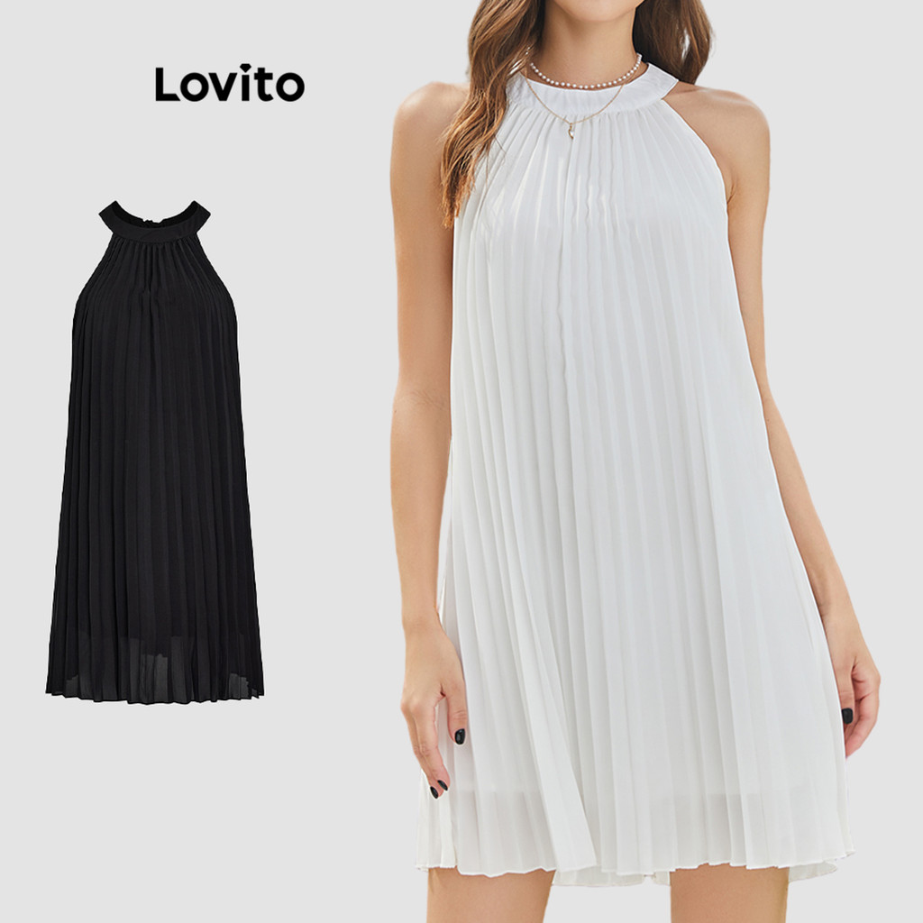 Lovito ชุดเดรสลําลอง คอกลม จับจีบ สีพื้น L24AD025 (สีขาว)