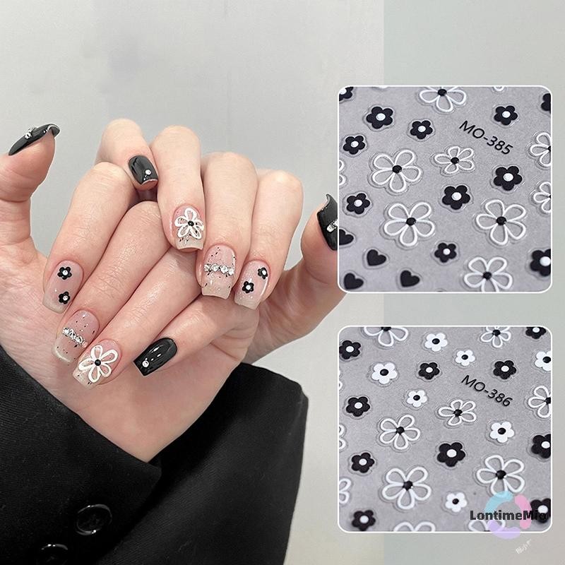Lontimemio] Blossom 3D สติ๊กเกอร์ติดเล็บสีขาวสีดําดอกไม้กลีบเล็บ Decals Elegant งานแต่งงานออกแบบฤดูใบไม้ผลิดอกไม้เล็บ Slider Decor ใหม่