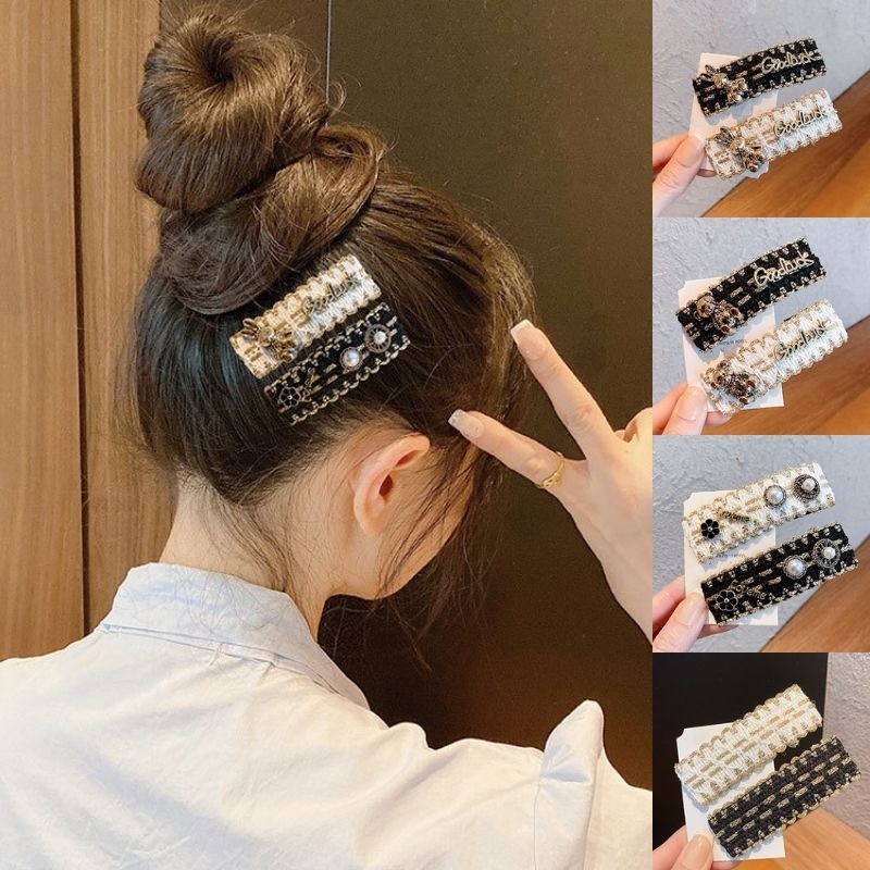 Retro Gold Bear Pearl สีดํา/สีขาวผ้า Hairpin สาวนักเรียนสแควร์อุปกรณ์เสริมผมของขวัญ