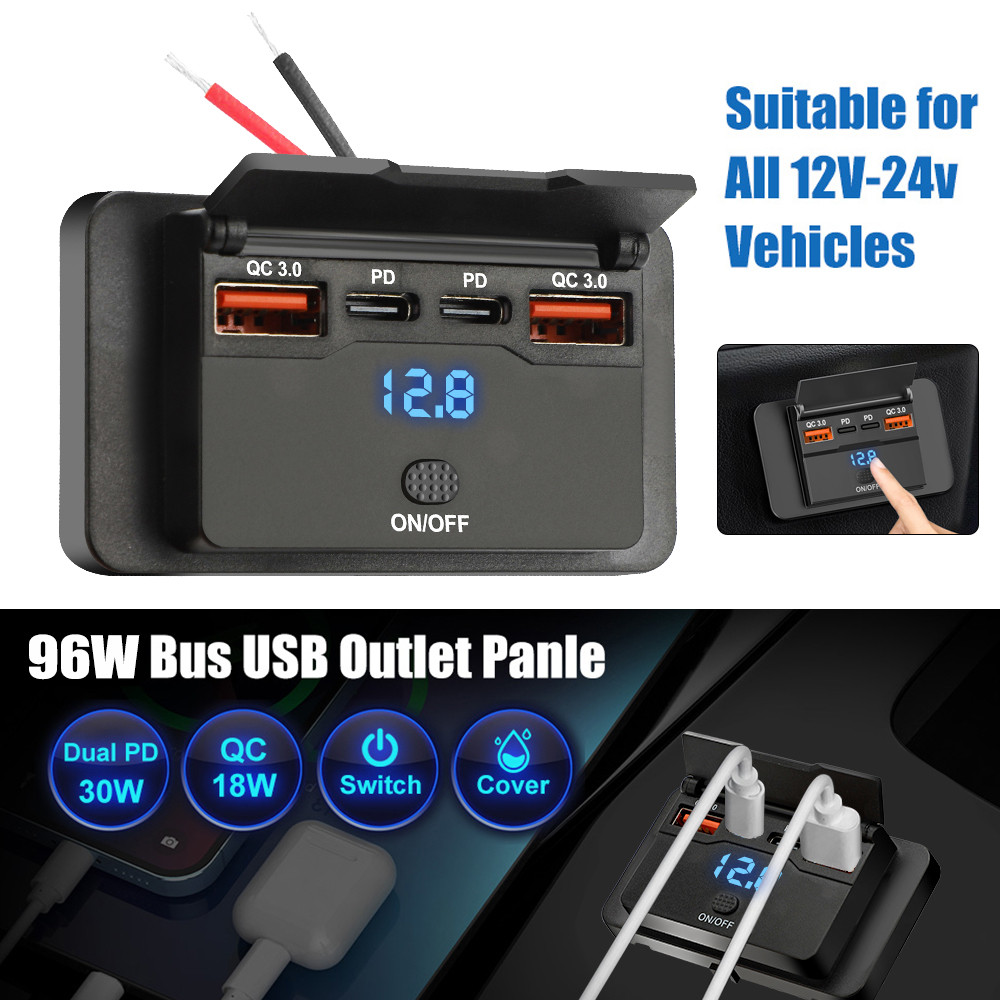 จอแสดงผลแรงดันไฟฟ้า RV USB Outlet Dual QC3.0 USB A & USB C พอร์ตชาร์จซ็อกเก็ตแผงพร้อมสวิตช์สําหรับ 12 V/24 V รถเรือรถบรรทุก