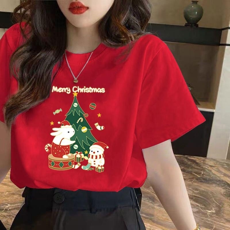 [จัดส่งจากประเทศไทย] เสื้อคริสต์มาสปี2025เสื้อยืดสีแดงคอกลมคริสต์มาสชุดคริสต์มาสสุดๆ