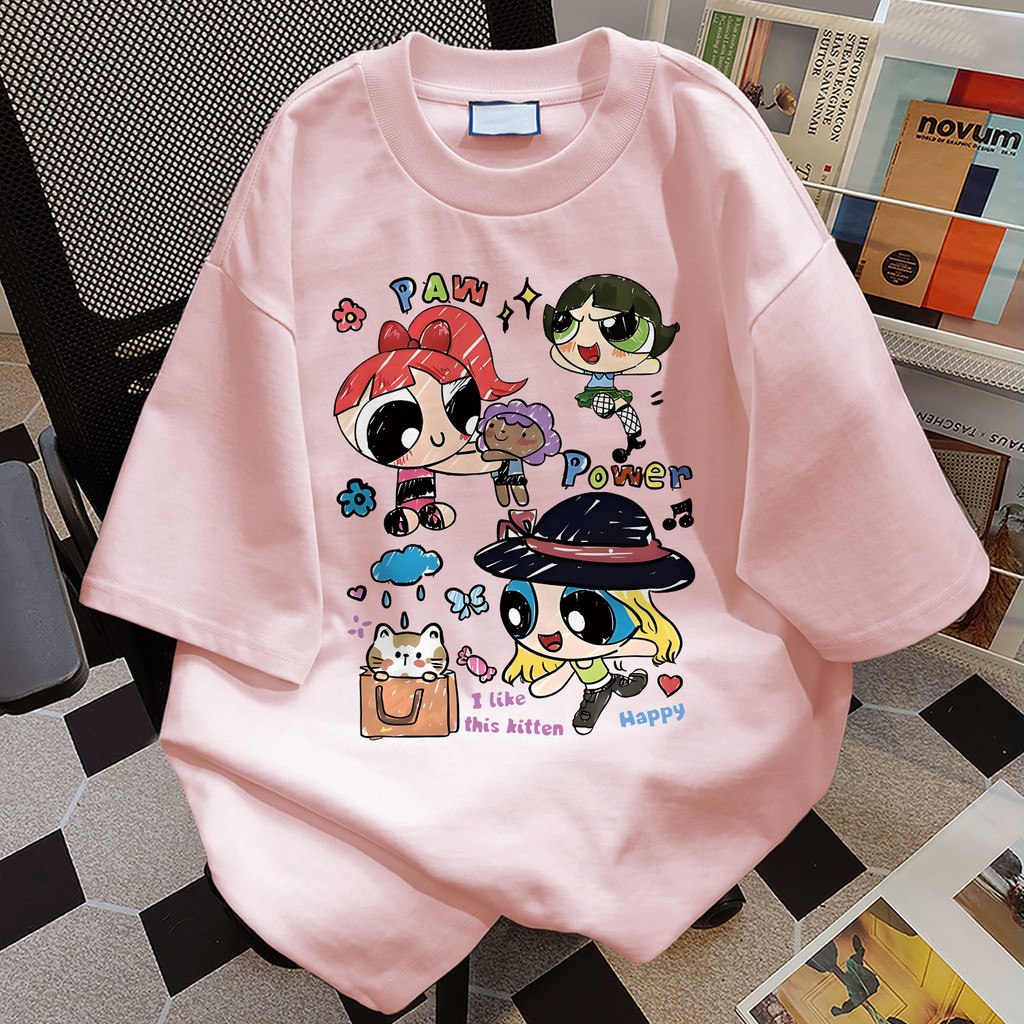 TIHIK เสื้อยืด oversize ลายน่ารัก ผ้าคอตตอน เสื้อยืดแขนสั้นลายการ์ตูนน่ารักหลวม I001270