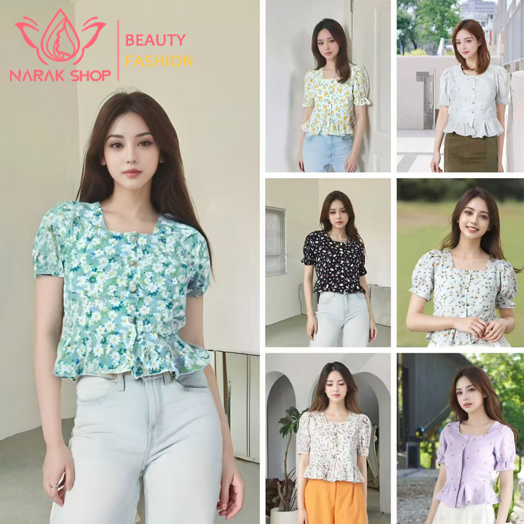 เสื้อครอปคอเหลี่ยมลายดอกไม้แขนสั้น ดีไซน์ใหม่ล่าสุด