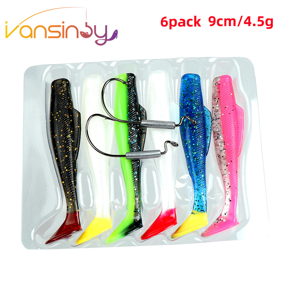 6 ชิ้นเหยื่อตกปลาอ่อน, 8 ซม./4.5 กรัม Paddle Tail Lure Soft Swimbaits พร้อม T-Tail พร้อมตะขอเหยื่อตกปลา