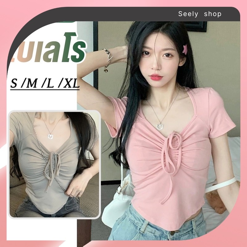 ลวดน้ำแข็งด้ายหวานเผ็ดออกแบบความรู้สึก Drawstring คอวีสั้นด้านบน
