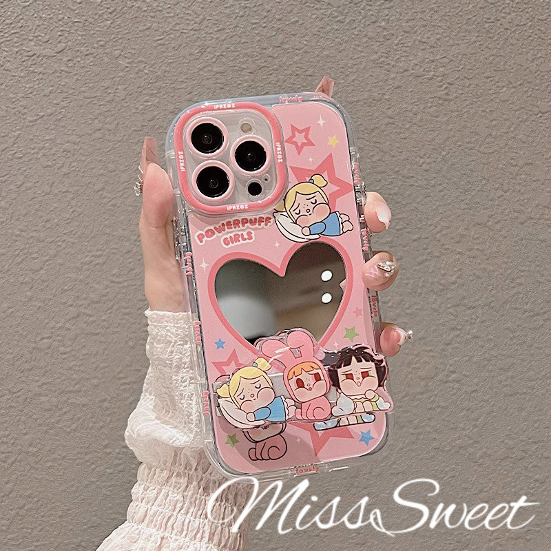 ปลอก + วงเล็บสําหรับ IPhone 16 15 14 13 12 11 Pro XS Max XR X 8 7 6 6s Plus SE แฟชั่นการ์ตูนน่ารัก Crybaby Mirro เคสโทรศัพท์ Anti-fall ป้องกันปกอ่อนสีชมพู TPU