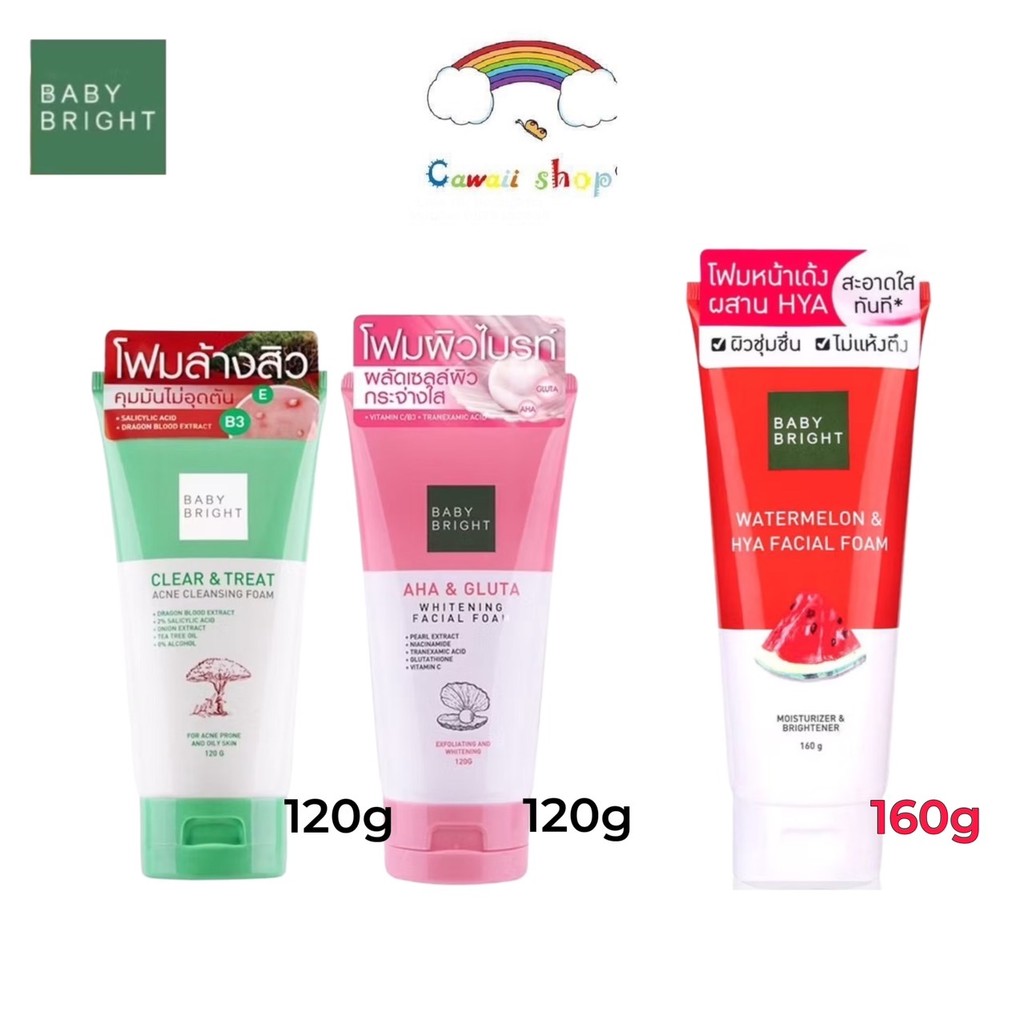 Baby Bright เบบี้ไบร์ท โฟมล้างหน้า สูตรแตงโม/เคลียร์สิว/ผิวไบร์ท 120/160g. Facial Foam Watermelon/Acne/Gluta
