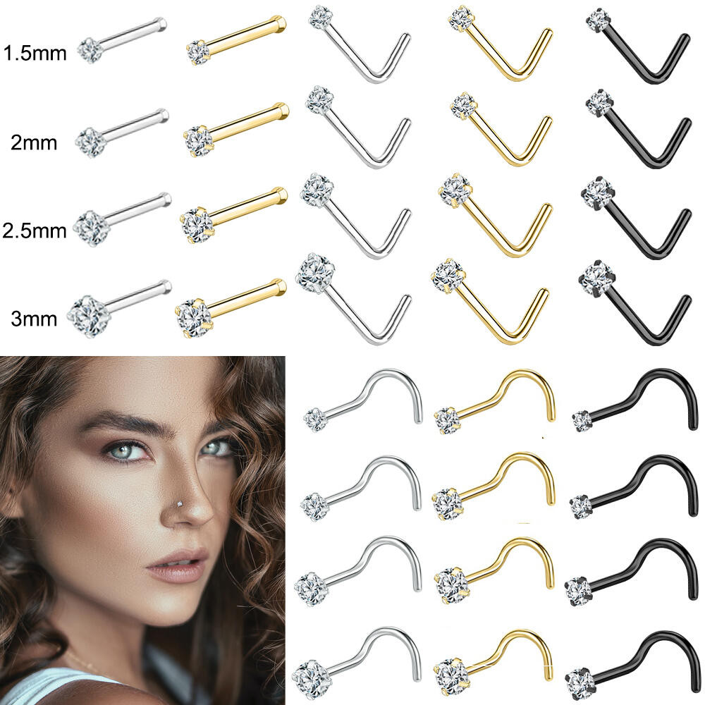 1 PC 20G สแตนเลส Nostrail Stud เจาะ L/S/I Pole Nostrail Stud 1.5/2/2.5/3 มม.คริสตัลจมูกเจาะเงินทองสีดํา