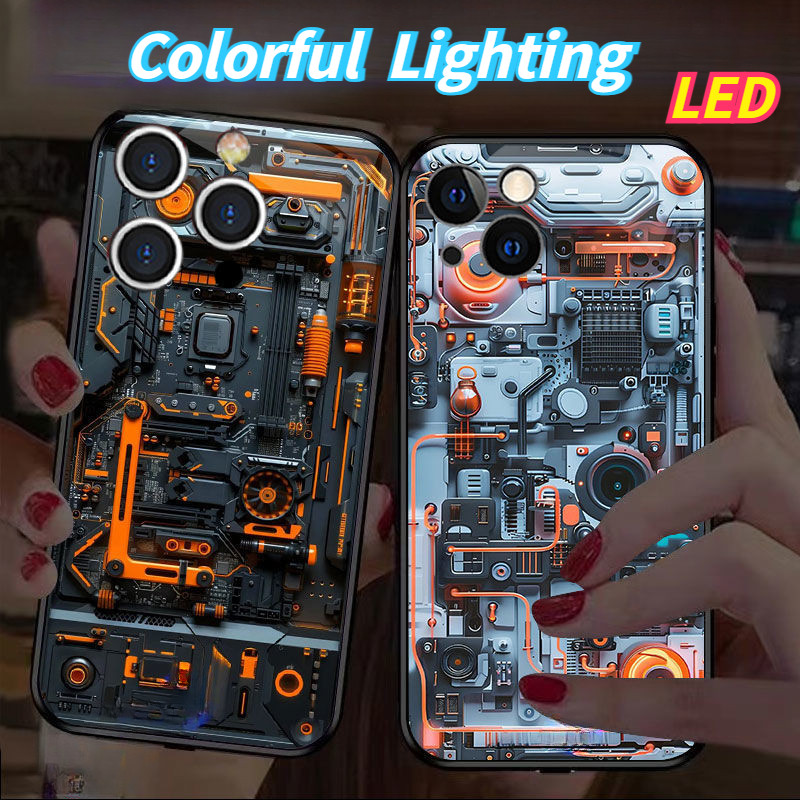 เมนบอร์ดแก้วไฟ LED เรืองแสงเคสโทรศัพท์ Protector สําหรับ iPhone 16promax 16pro 16 15 15Promax 15pro 14Promax 14pro 14 13Promax 13 13pro 12ProMax 12pro 11ProMax 11pro 12 11