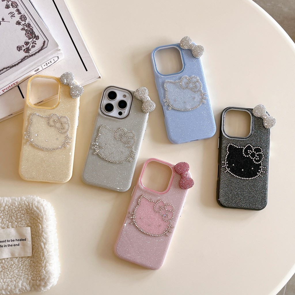 Bowknot Cat Kitty Head rhinestone GLITTER TPU Cover สําหรับ Apple IPhone 16 15 14 13 Pro Max เคสกันกระแทก