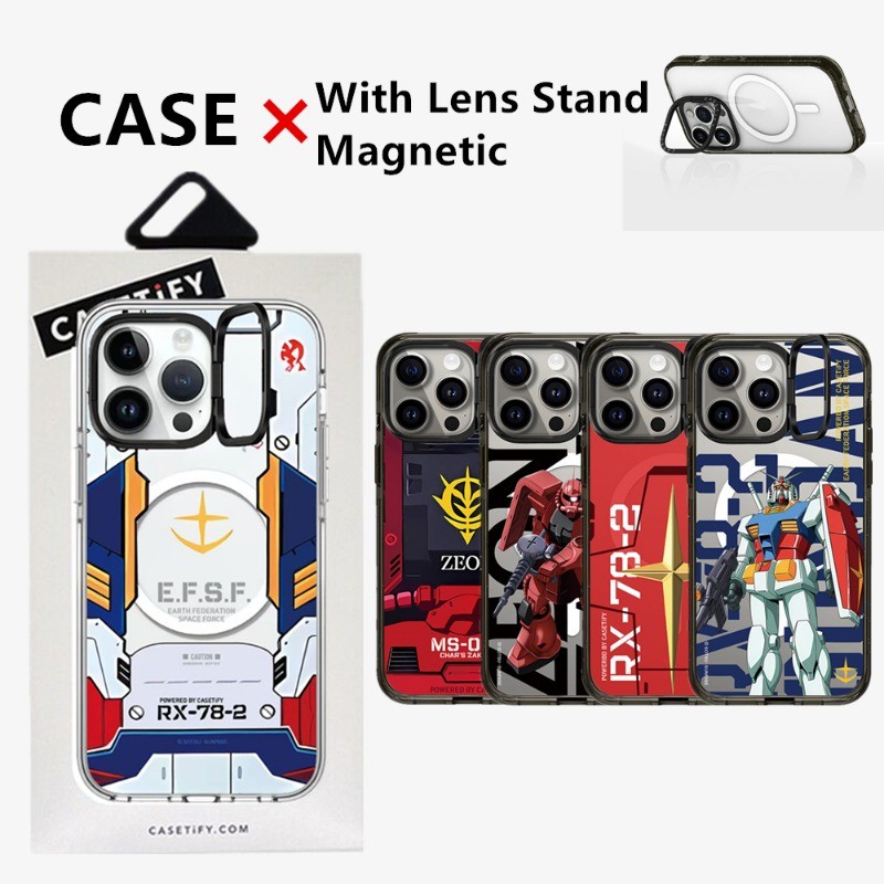 Casetifg Gundam เลนส์ซ่อนขาตั้งเคสโทรศัพท์แม่เหล็กพร้อมกล่องสําหรับ iPhone 12 13 14 15 16 Pro Max 14 15 Plus วงเล็บกล้องกันกระแทกปลอกด้านข้างซิลิโคนป้องกัน Clear PC Cover