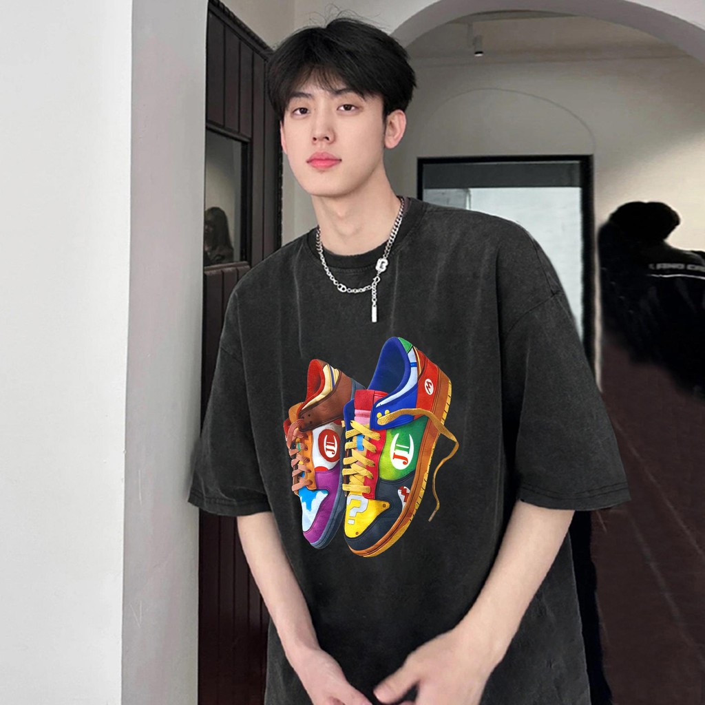 【UT】เสื้อยืด oversize 'JC' แขนสั้น cotton 100% วินเทจ เสื้อฟอก สีดำ แฟชั่น แนวสตรีท สไตล์เกาหลี ผู้ชาย 3XL