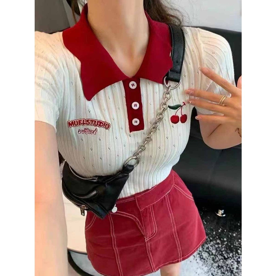 แฟชั่นใหม่ฤดูร้อน Xiao เสื้อโปโลคอปกสไตล์ญี่ปุ่น คอตุ๊กตา ปักลายบล็อกสี เสื้อแขนสั้นแบบโปร่ง เสื้อถักผู้หญิง ชุด MC QCNS PNMV