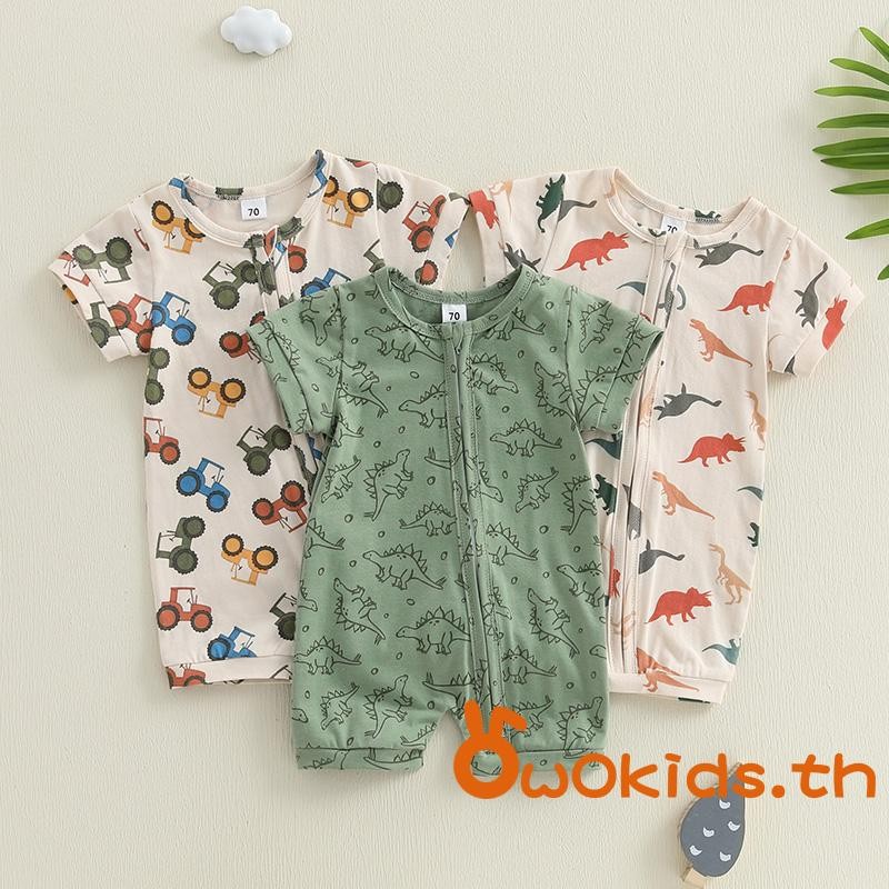Baby Boys Oblique Zipper Jumpsuit แขนสั้น O คอไดโนเสาร์/Cart พิมพ์ Casual Romper