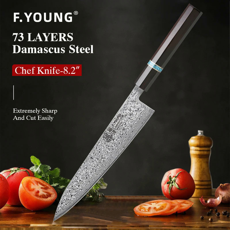 F.YOUNG 8.2" Handmade Chef Knife Damascus Steel Sharp Meat Vegetable Cleaver Gyuto Knife Japanese Ha
