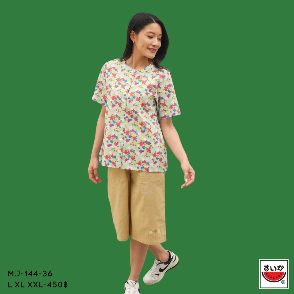 เสื้อแตงโม SUIKA คอจีนผ่าหน้าแขนสั้น พิมพ์ลายดอกผักแว่น M.J-144 thumbnail 3