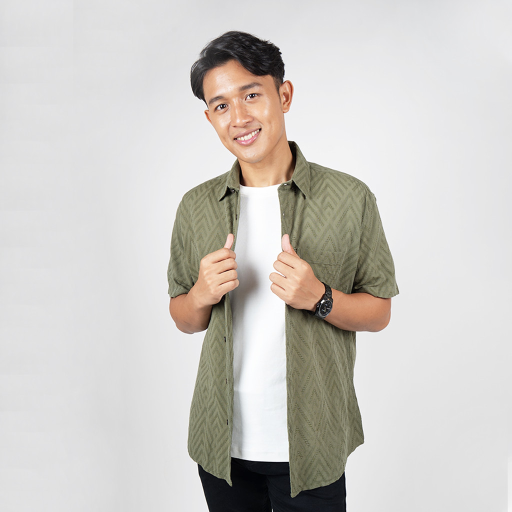 DAPPER เสื้อติดกระดุม Slim Fit Textured สีเขียว & Khaki - 5205PB