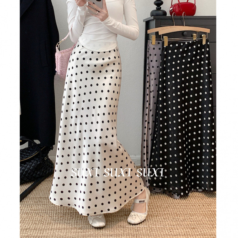 Retro Polka Dot ฤดูใบไม้ผลิใหม่ Elegant เอวสูงผู้หญิง Midi กระโปรงยาวทรงเอ 250216