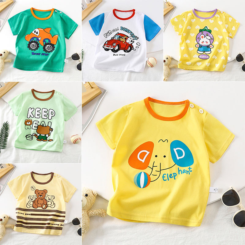 73-130 เสื้อยืดแขนสั้นพิมพ์การ์ตูนผ้าฝ้ายฤดูร้อนสําหรับเด็กชายและเด็กหญิง เสื้อเด็ก1ขวบ-3ขวบ-5ขวบ