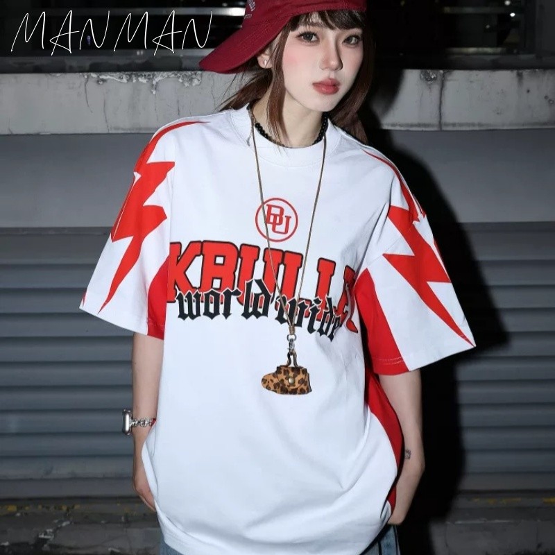M＆M สไตล์อเมริกันวินเทจ เสื้อยืดแขนสั้น Oversize ฤดูร้อนแบบหลวม รุ่นคู่รัก