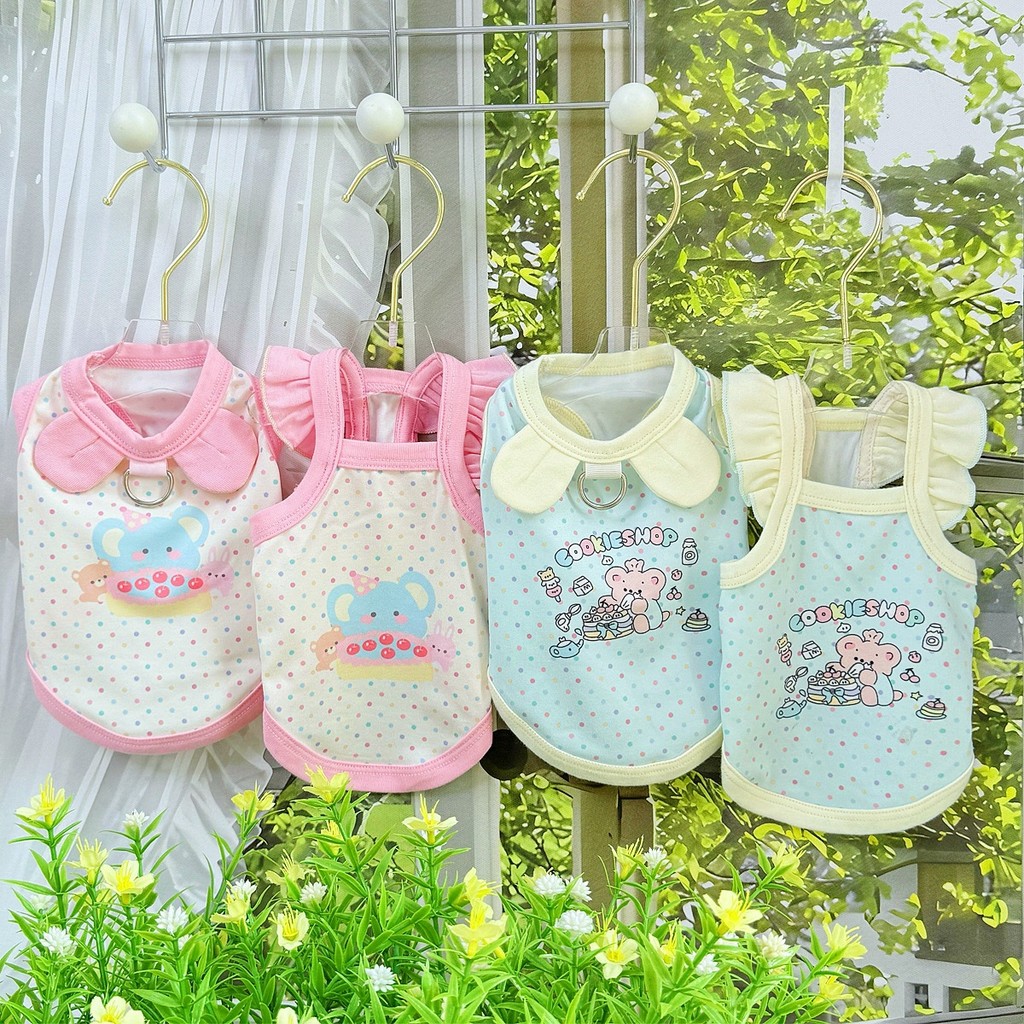 การ์ตูนน่ารักพิมพ์บางฤดูร้อนสุนัขแมวเสื้อผ้าสีพาสเทล มีสายรัด สูงสุด สําหรับสัตว์เลี้ยงขนาดเล็ก บิชอน ใบหู